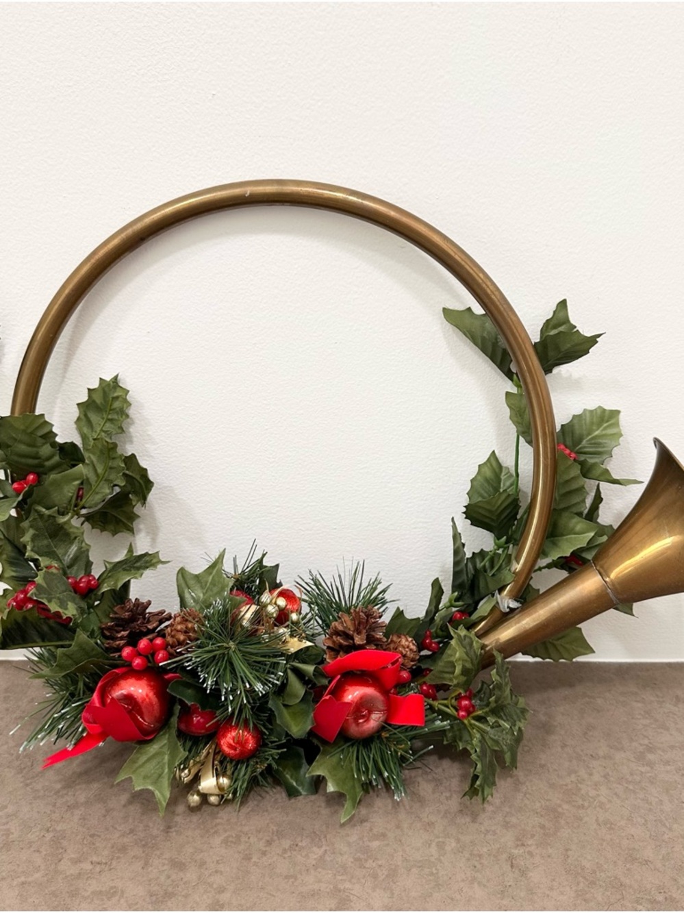 Large Holiday Brass French Horn Wreath Holly Berry Pine Accents Christmas Wreath